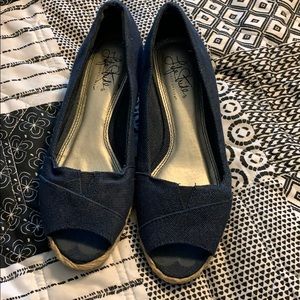 Denim peep toe wedges